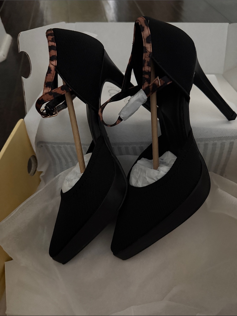 Black Pointed Stiletto Heels with Leopard-Print Ankle Strap